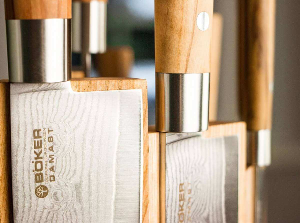 Boker Damascus Olive 8 - Piece Kitchen Knife Set Olive Wood w/Magnetic Block - 130445SET - timberknives.com