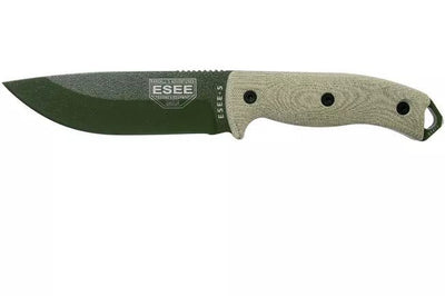 ESEE Model 5, Green Canvas Micarta, Fixed Blade, Kydex Sheath, Plain Edge (5.25") - timberknives.com