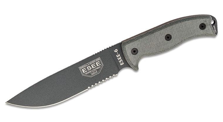 ESEE Model 6 Fixed Blade Combo Edge, Rounded Pommel, Green Sheath w/ Clip Plate (6.5")