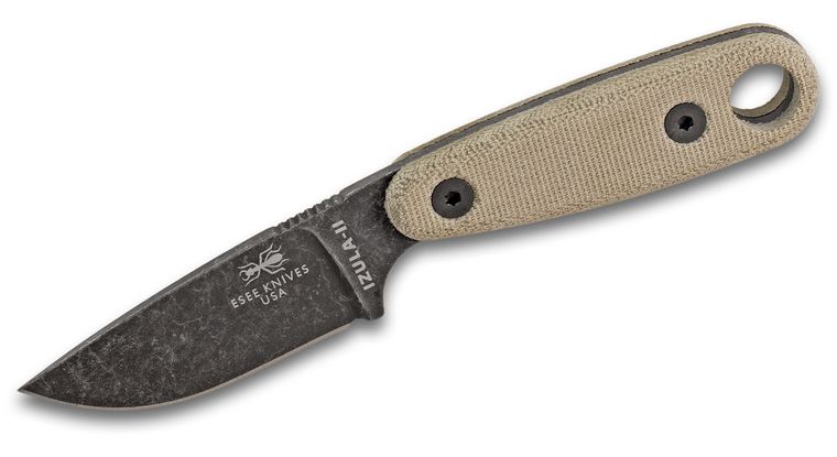 ESEE Knives Izula II Fixed Blade, 1095 Carbon Stonewashed Black Oxide Coated Blade, Micarta Handles, Black Sheath & Clip Plate (2.875")