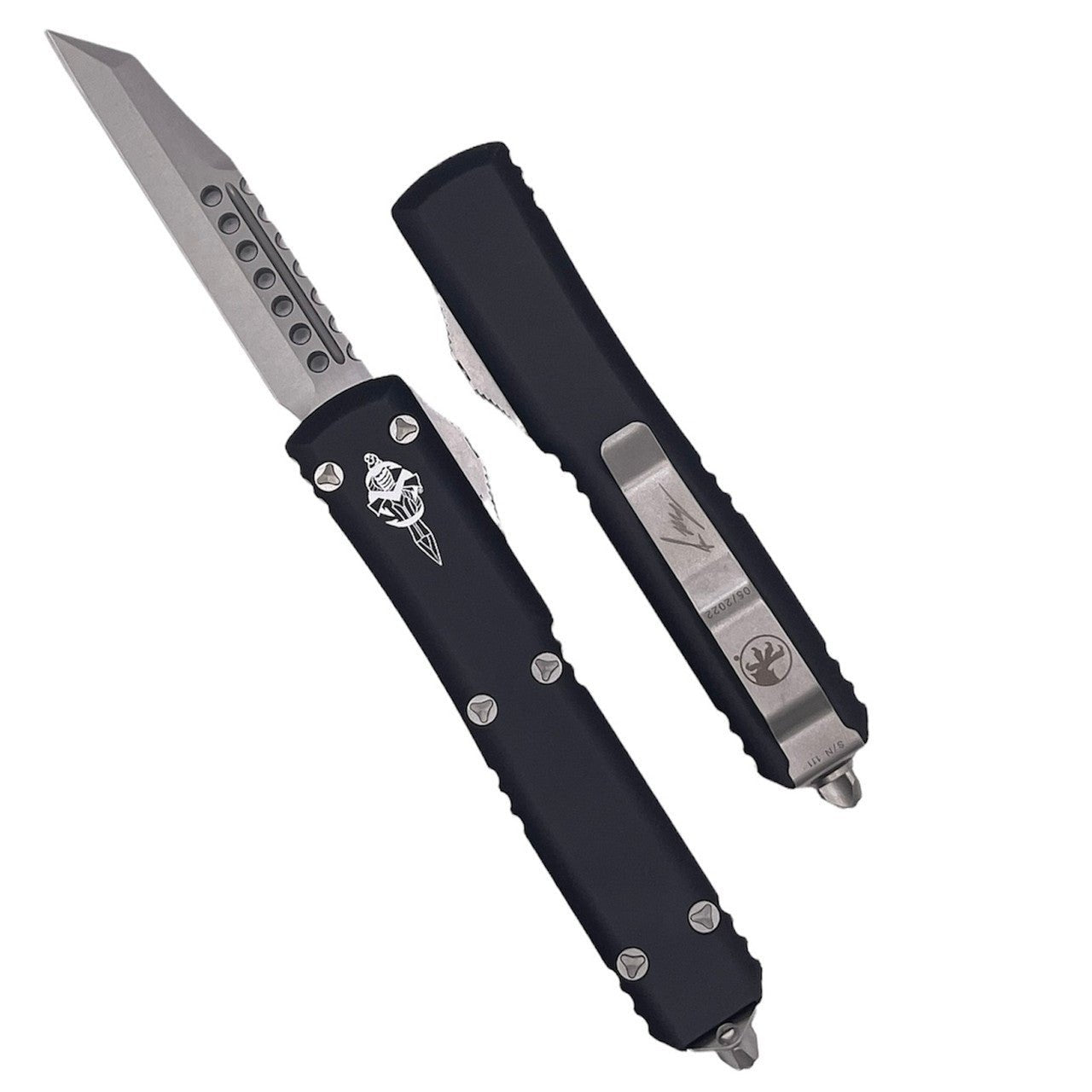 Microtech 119W - 10S Signature Series Ultratech Warhound AUTO OTF 3.46" Stonewashed Wharncliffe Blade, Black Aluminum Handles - timberknives.com