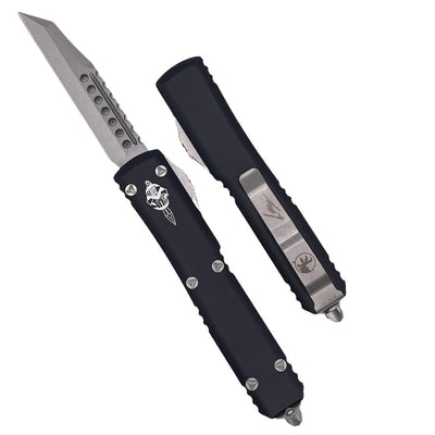 Microtech 119W - 10S Signature Series Ultratech Warhound AUTO OTF 3.46" Stonewashed Wharncliffe Blade, Black Aluminum Handles - timberknives.com