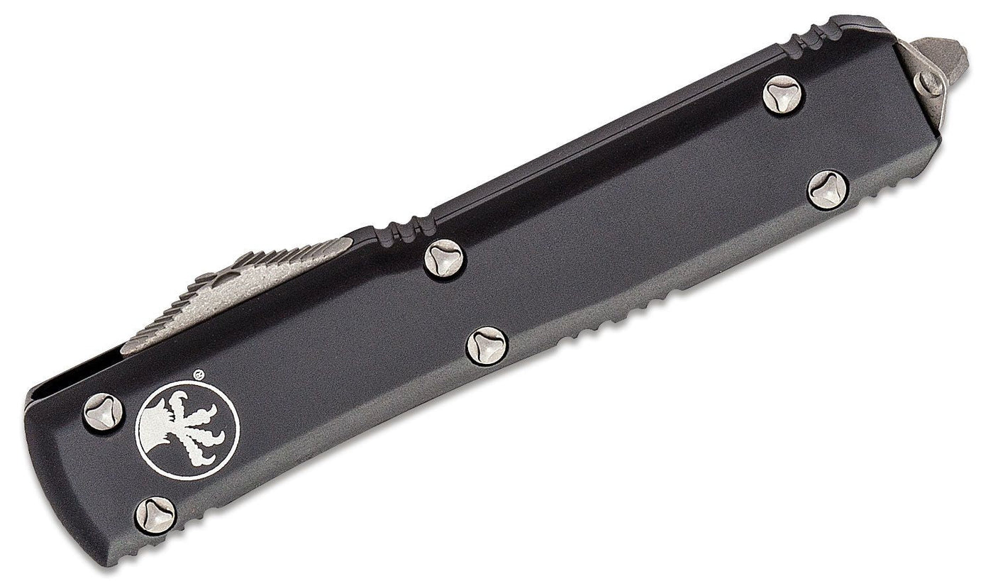Microtech 121 - 10AP Ultratech AUTO OTF Knife 3.46" Apocalyptic Drop Point Plain Blade, Black Aluminum Handles - timberknives.com