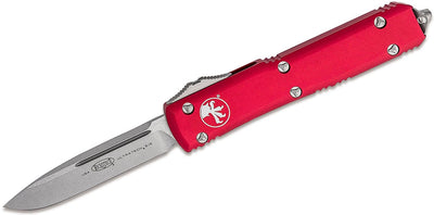 Microtech 121 - 10RD Ultratech AUTO OTF Knife 3.46" Stonewashed Plain Drop Point Blade, Red Aluminum Handles - timberknives.com