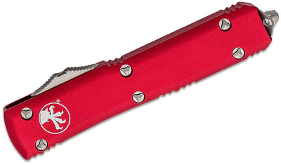 Microtech 121 - 10RD Ultratech AUTO OTF Knife 3.46" Stonewashed Plain Drop Point Blade, Red Aluminum Handles - timberknives.com