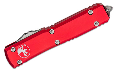 Microtech 123 - 10RD Ultratech AUTO OTF Knife 3.46" Stonewashed Tanto Plain Blade, Red Aluminum Handles - timberknives.com