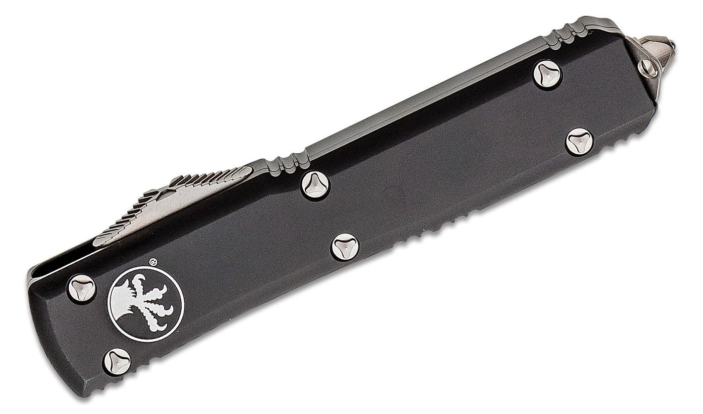 Microtech 123 - 12 Ultratech AUTO OTF 3.46" Stonewashed Serrated Tanto Blade, Black Aluminum Handles - timberknives.com