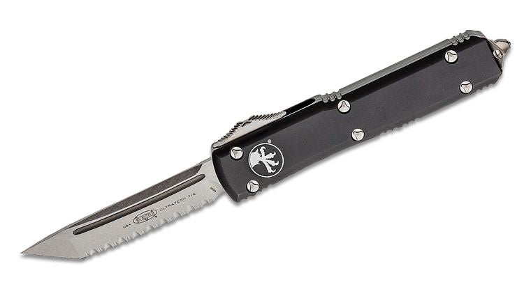 Microtech 123 - 12 Ultratech AUTO OTF 3.46" Stonewashed Serrated Tanto Blade, Black Aluminum Handles - timberknives.com