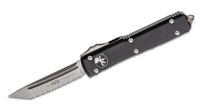 Microtech 123 - 12 Ultratech AUTO OTF 3.46" Stonewashed Serrated Tanto Blade, Black Aluminum Handles - timberknives.com