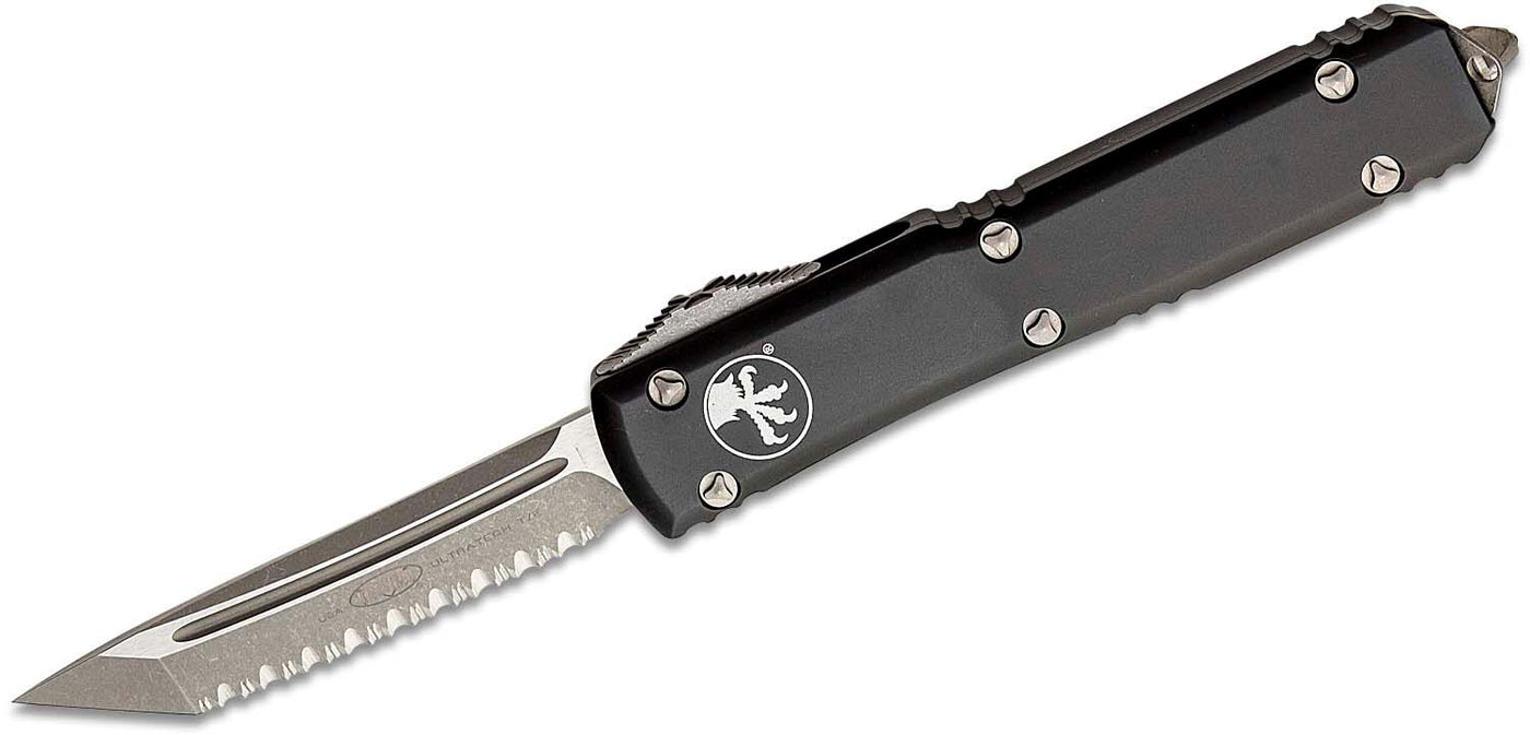 Microtech 123 - 12AP Ultratech AUTO OTF Knife 3.46" Apocalyptic Tanto Serrated Blade, Black Aluminum Handles - timberknives.com