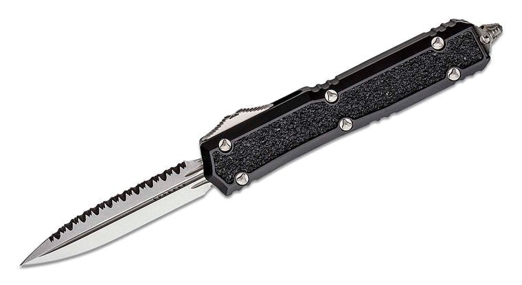 Microtech 206 - 12S Signature Series Makora OTF AUTO 3.3" Stonewashed Plain/Serrated Double Edge Dagger Blade, Black Aluminum Handles with Black Traction Inlays - timberknives.com