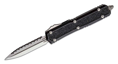 Microtech 206 - 12S Signature Series Makora OTF AUTO 3.3" Stonewashed Plain/Serrated Double Edge Dagger Blade, Black Aluminum Handles with Black Traction Inlays - timberknives.com