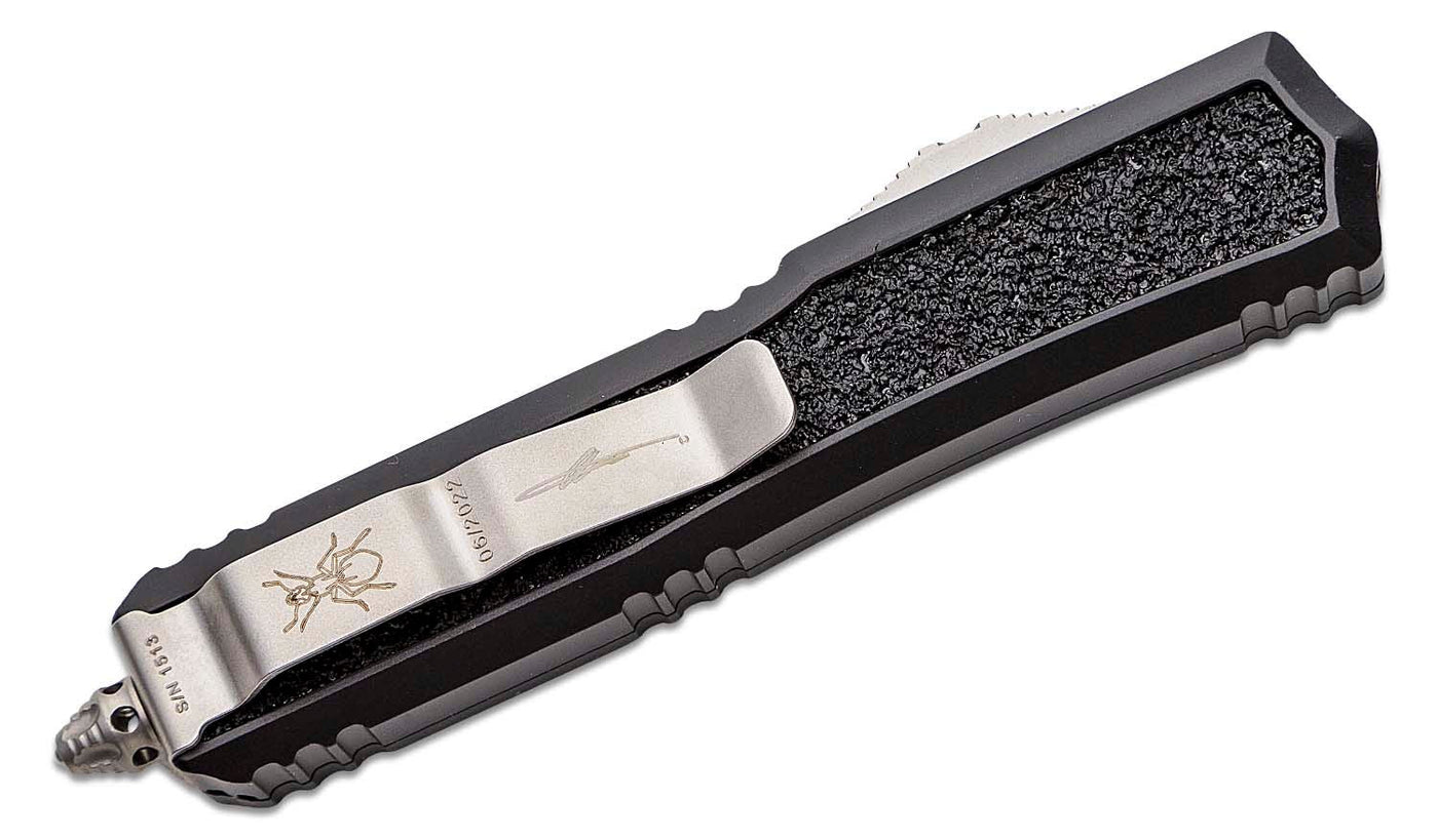 Microtech 206 - 12S Signature Series Makora OTF AUTO 3.3" Stonewashed Plain/Serrated Double Edge Dagger Blade, Black Aluminum Handles with Black Traction Inlays - timberknives.com