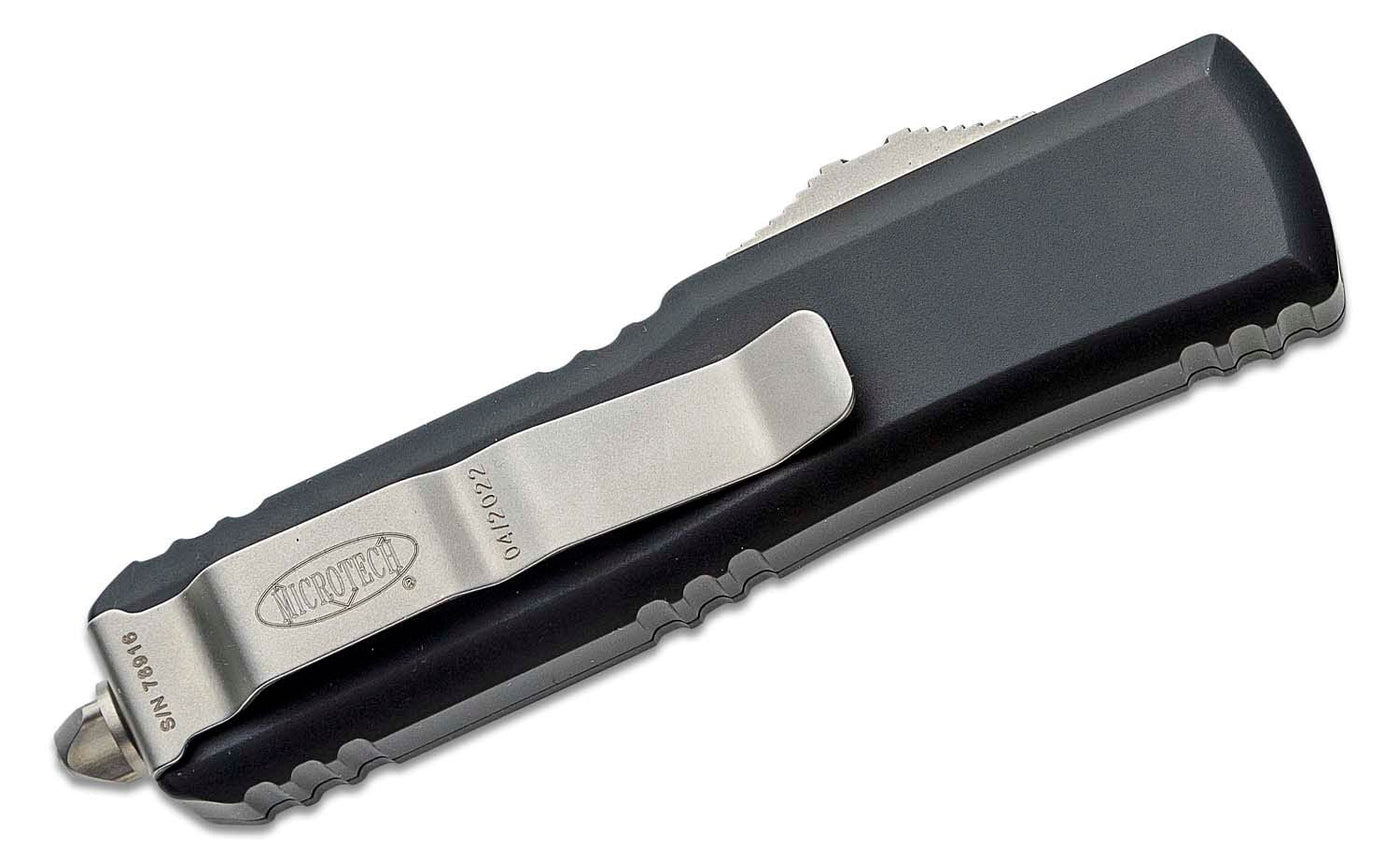 Microtech 232 - 10 UTX - 85 AUTO OTF Knife 3" Stonewashed Double Edge Blade, Black Aluminum Handles - timberknives.com