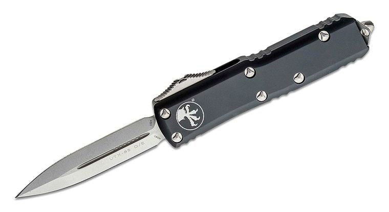 Microtech 232 - 10 UTX - 85 AUTO OTF Knife 3" Stonewashed Double Edge Blade, Black Aluminum Handles - timberknives.com