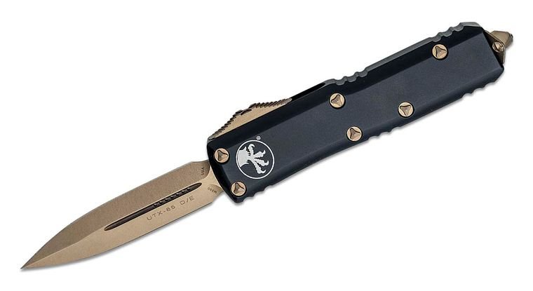 Microtech 232 - 13 UTX - 85 AUTO OTF Knife 3" Bronze Double Edge Dagger Blade, Black Aluminum Handles - timberknives.com