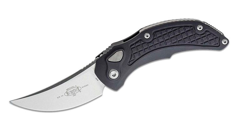 Microtech 268A - 10 Brachial AUTO Folding Knife 3.5" Stonewashed Trailing Point Blade, Milled Black Aluminum Handles - timberknives.com