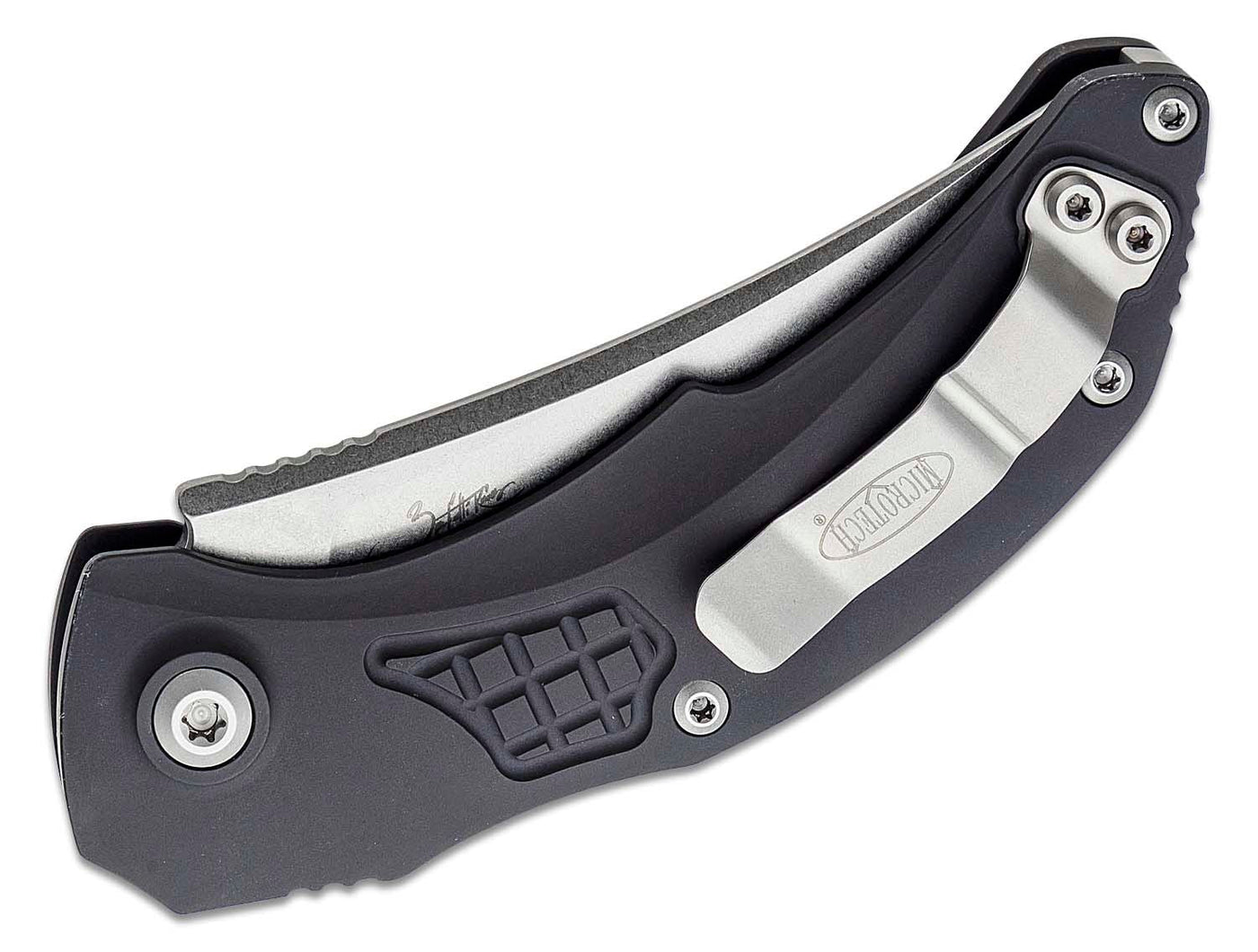 Microtech 268A - 10 Brachial AUTO Folding Knife 3.5" Stonewashed Trailing Point Blade, Milled Black Aluminum Handles - timberknives.com