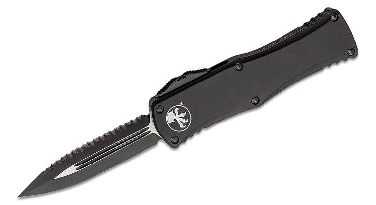 Microtech 702 - 3T Hera Tactical OTF AUTO Knife 3.125" Black Plain/Serrated Double Edge Dagger Blade, Black Aluminum Handles - timberknives.com