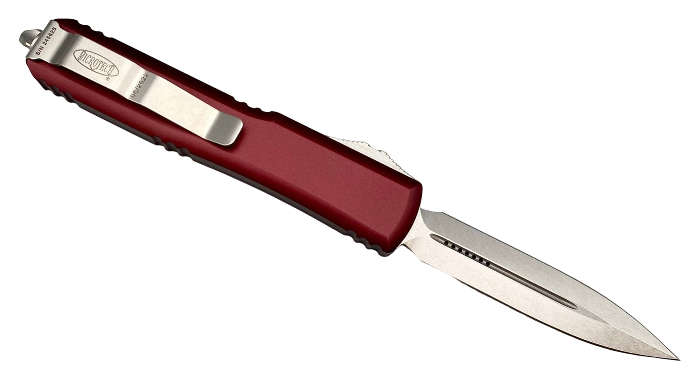 Microtech Ultratech 122 - 10MR Merlot - Double Edge - Stonewash Finish - timberknives.com