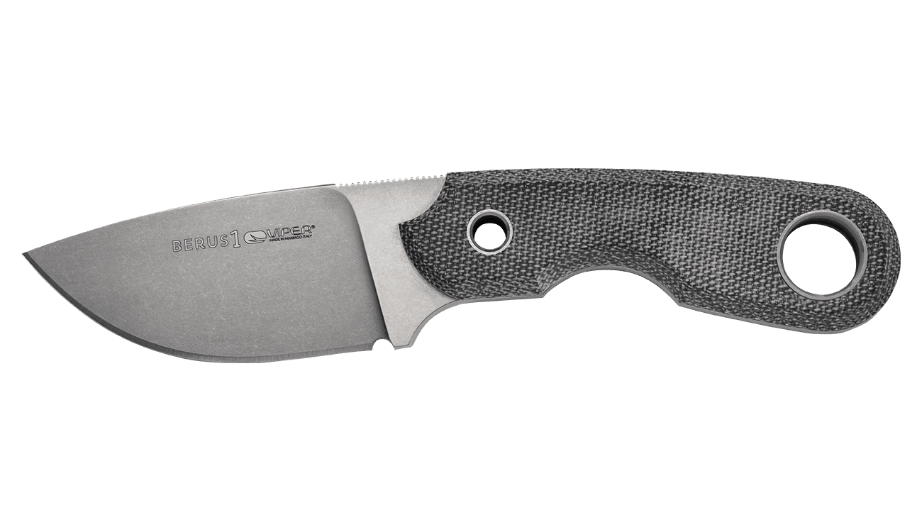 Viper Knives Berus 1 Fixed Blade Knife 2.64" M390 Stonewashed Drop Point Blade, Black Canvas Micarta Handles, Kydex Sheath - VT4012CB